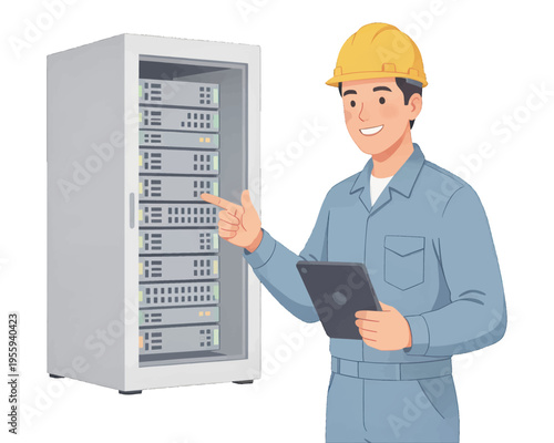 IT Professional Working with Server Rack Illustration, Vector Isolation for Technology and Business