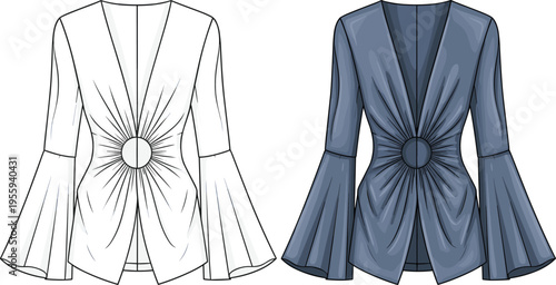 Women's elegant bell sleeve blouse technical fashion flat sketch with cinched waist buckle, deep v-neck, and gathered fabric design details.