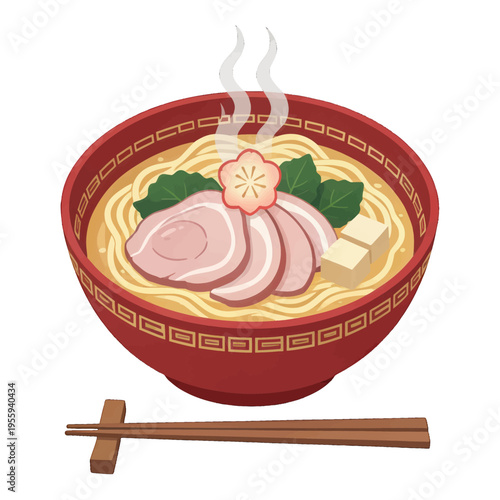 Japanese Ramen Bowl Illustration Vector, Colorful Noodle Soup with Pork and Garnish, Isolated Food Design