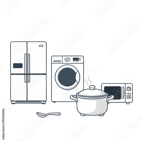 Kitchen Appliances Icon Set Vector, Minimalist Outline Illustration for Web and App Design