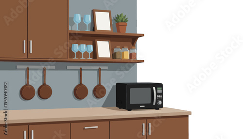 Kitchen Interior with Microwave and Shelving, Modern Home Vector Illustration for Design Projects