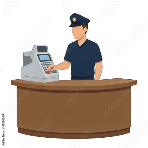 Police Officer Working at a Cash Register Vector Illustration, Isolated, for Security and Business Concepts