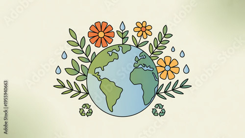 Earth surrounded by colorful flowers leaves and raindrops symbolizing eco friendliness and environmental conservation with a recycling symbol