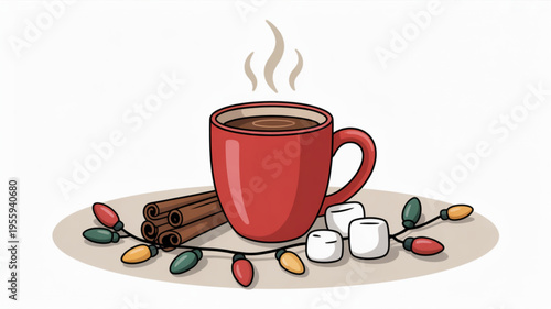 Warm red mug of hot chocolate with marshmallows and cinnamon sticks on a festive holiday background