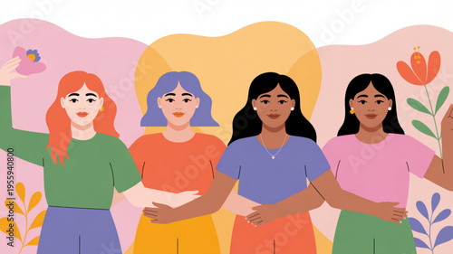 Four diverse women standing together in unity and solidarity with flowers representing friendship support and female empowerment