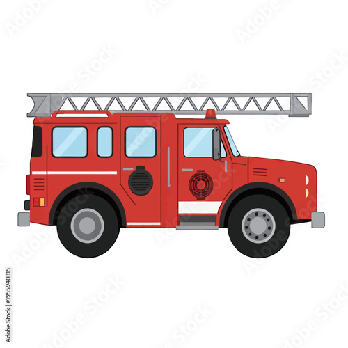 Red Fire Truck Illustration Vector, Isolated Fire Engine with Ladder on Transparent Background