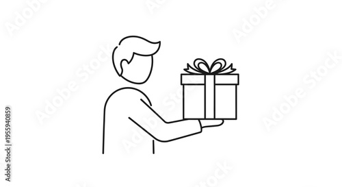 Man holding a gift box with a bow, simple line art icon, surprise present delivery concept