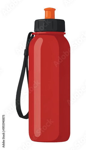 Red Sports Water Bottle Vector Illustration with Nozzle and Handle Strap, Isolated on Transparent Background