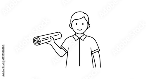 Man Holding Rolled Blueprint or Poster in Hand, Simple Line Art Illustration