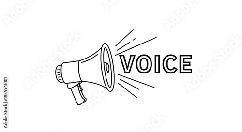 Megaphone Announcing the Word VOICE, Illustration of Sound Waves and Communication