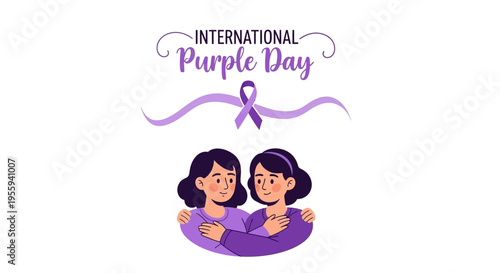 Illustration of two women supporting each other on International Purple Day for epilepsy awareness with purple ribbons and text.