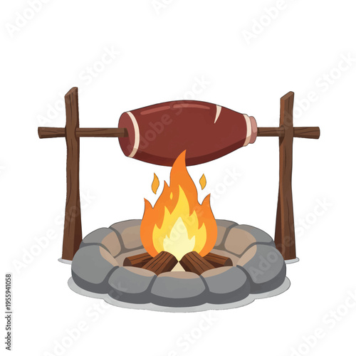 Sausage Roasting over Campfire Vector Illustration, Outdoor Cooking Concept for Camping and Travel