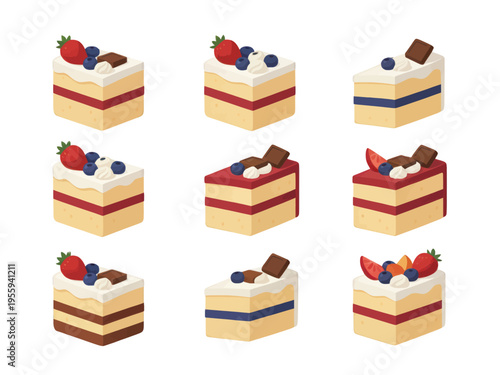 Vector Cake Slices Illustration Set, Isolated Dessert Icons for Bakery or Food Menu Design