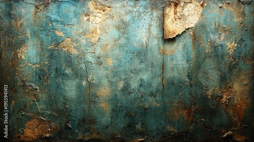 Teal and gold textured wall; aged, peeling paint; grunge background; design element