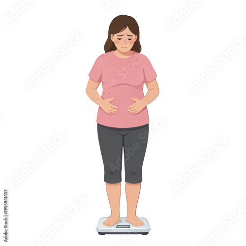 Woman on Scale Vector Illustration, Weight Loss Concept, Flat Design for Health Apps and Fitness
