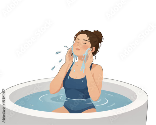 Woman Washing Face in Bathtub Illustration Vector, Minimalist Flat Design for Skincare and Beauty Concepts