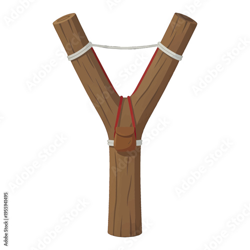 Wooden Slingshot Vector Illustration, Rustic Design with Elastic Band, Isolated on Transparent Background