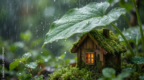 A Tiny moss house protects from the pouring rain, evoking a feeling of serenity and fairy-tale. The leaves creating a beautiful canopy over the home and protecting it from rain