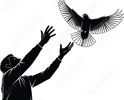 Black and white vector illustration of a man releasing a dove into the air, symbolizing peace, freedom, hope, and faith.