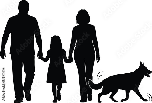 Black silhouette of a happy family walking together with their pet dog, representing love, togetherness, parenting, and domestic animal companionship.