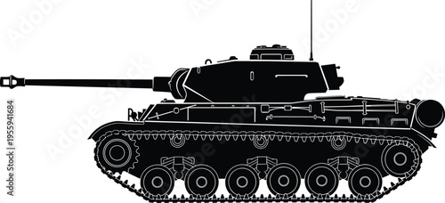 Black silhouette of a heavy military battle tank, armored combat vehicle for army defense, war, and tactical ground force operations.