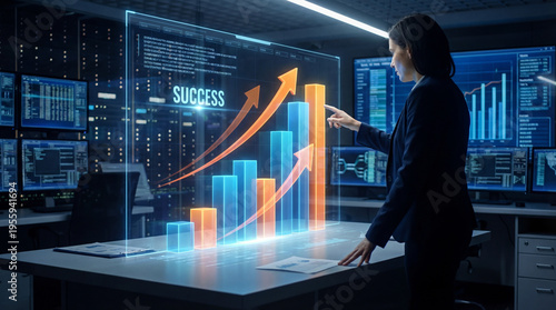 Business Analyst Monitoring Data Success on a Futuristic Holographic Graph