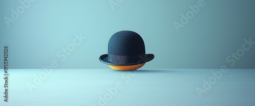 Dark bowler hat on pale blue background, minimal still life, fashion concept