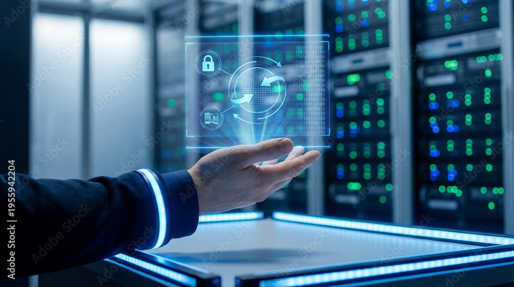 Fototapeta premium Cybersecurity Expert Presenting Digital Globe Security Data Hologram