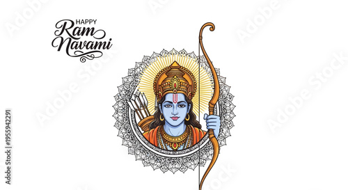 Illustration of Lord Rama for Happy Ram Navami celebration, a Hindu festival, with traditional Indian design elements and a worship theme.