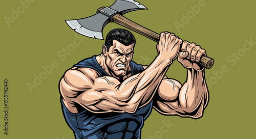 Muscular man holding double headed axe cartoon illustration