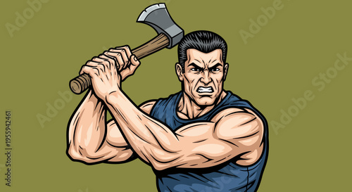 Muscular cartoon man holding axe in aggressive stance