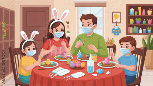 Family wearing face masks and easter bunny ears having a meal together at home during the covid 19 pandemic with colorful eggs and decorations on the table