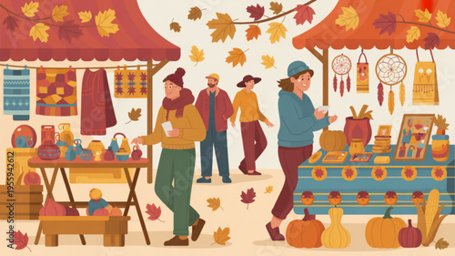 People shopping at an autumn outdoor market with colorful stalls and seasonal goods on display