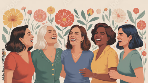 Diverse group of women laughing together in floral background friendship and unity concept