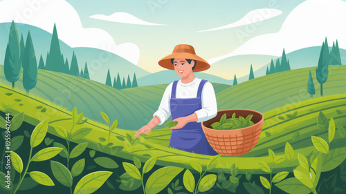 Farmer harvesting green tea leaves in a lush field with mountains in the background at sunrise