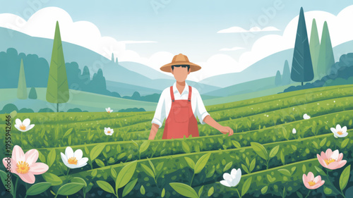 Farmer in a green tea field with blooming flowers and rolling hills in the background on a sunny day