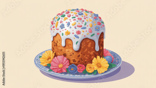 Colorful easter cake with white icing and sprinkles on a plate with flowers festive dessert decoration