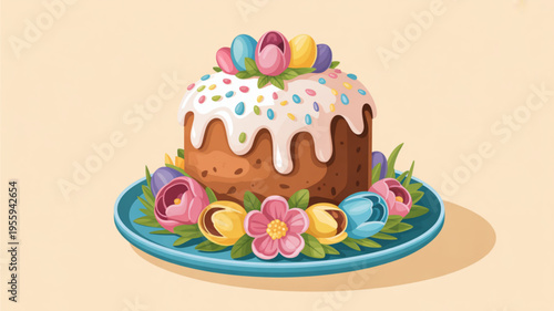Colorful easter cake with icing eggs and flowers on a blue plate festive holiday dessert