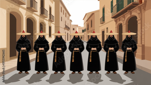 Six masked monks in black robes standing in a row on a city street with traditional asian conical hats