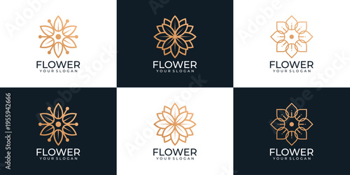 Set of luxury beauty golden flower logo spa decoration nature concept