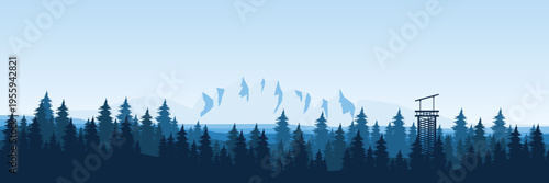 Panoramic bright blue morning mountain landscape with watchtower silhouette