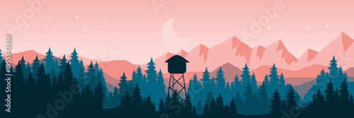 Serene bright night nature horizon with lookout tower and crescent moon for environmental report