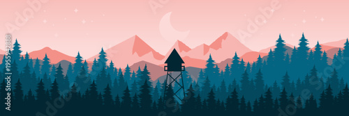 Minimalist night mountain backdrop with watchtower for corporate security email header landing page