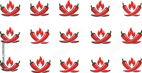 Red Chili Pepper with Flame Icon Set in Various Shapes and Styles, Spicy Food Symbol Collection for Restaurant Logos, Labels, Packaging, and Menu Designs