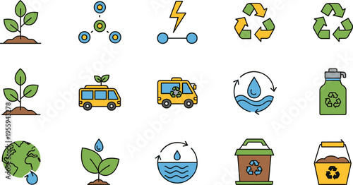 Sustainability Icon Set with Recycling Symbols, Water Cycle, Electric Vehicles, and Green Energy Elements for Environmental Protection and Eco Design