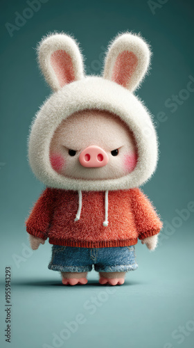 A sullen pig in a white fluffy hood with bunny ears, a fluffy sweater and blue shorts. Adorable grumpy piglet in a fluffy white bunny hoodie.
