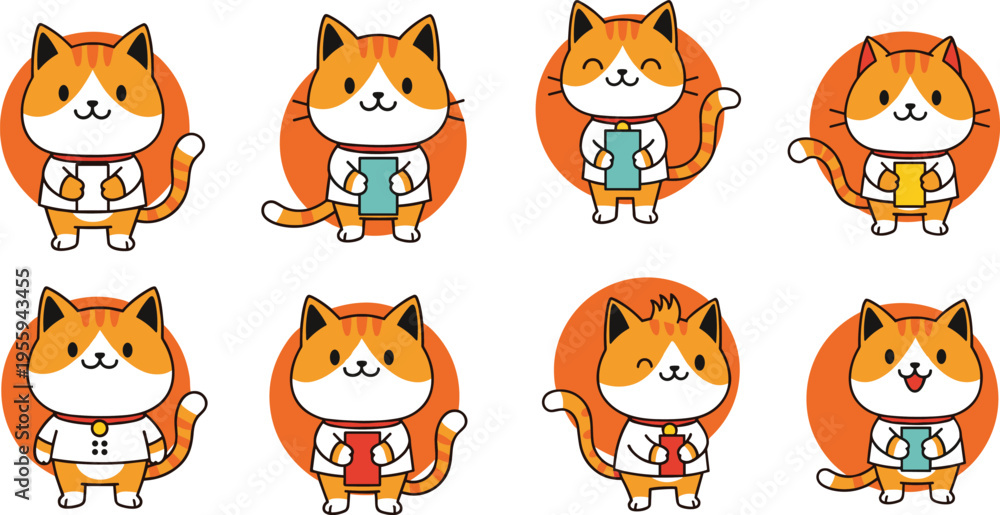 Fototapeta premium Cute Cartoon Cat Illustration Set with Orange Kittens Holding Cups in Different Poses for Stickers, Social Media, Kids Design, and Mascot Use