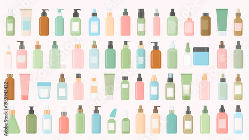 Flat pastel skincare packaging collection in grid layout, cosmetic bottles jars tubes minimal beauty vector set