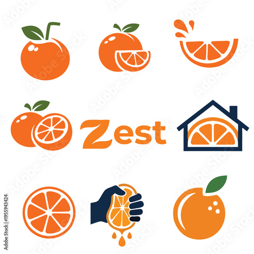 Orange fruit logo collection. Modern flat icons for citrus juice, fresh drink brand, zest zest, and organic farm. Hand squeezed orange, sun, and house vector symbols for business branding identity