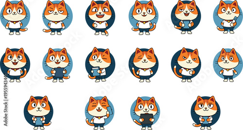Cartoon Cat Character Icon Set with Cute Orange Kittens in Different Poses and Expressions for Mascots, Stickers, Apps, and Kids Design